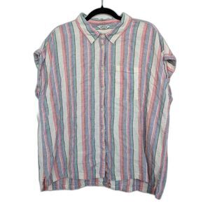 Orvis Boxy Linen Blend Colorful Striped Collared Button Up Short Sleeve Sz XL